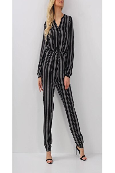 Next Siyah Çizgili Cepli Önden Düğmeli Belden Bağcıklı Uzun Kollu Viskon Penye Kadın Tulum