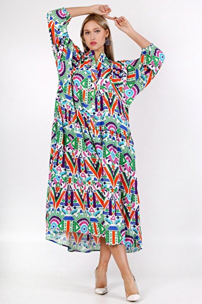 Chiccy Orange-white Pleated Collar Balloon Sleeve Geometric Patterned Allover Printed Wide Cut Woven Dress