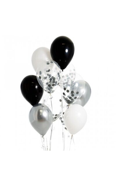 Öztürkpartievi Black White Silver Confetti Balloon Set