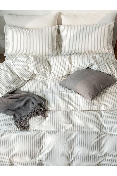 CAQQA White Striped Single Cotton Duvet Cover Set - Children and Youth
