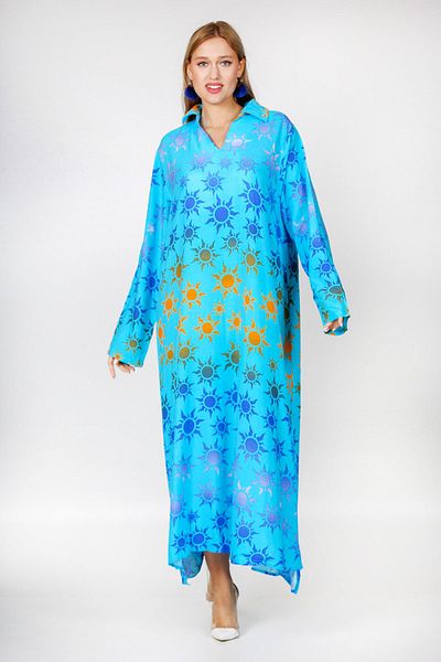 Chiccy Rochie țesută cu model cu mâneci lungi cu guler cămașă albastru