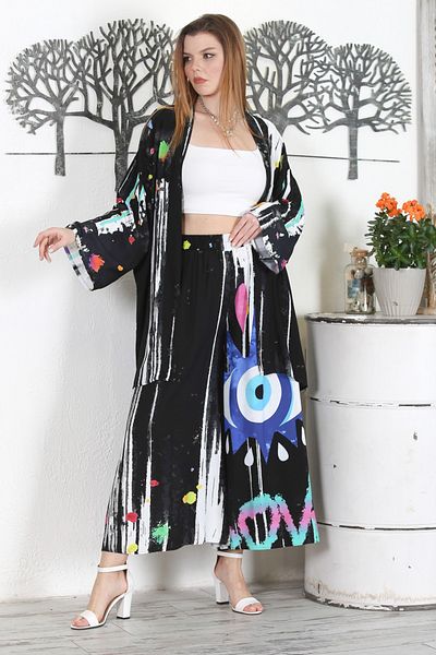 Chiccy Black Kimono Collar Long Sleeve Allover Printed Elastic Waist Wide Leg Casual Woven Set