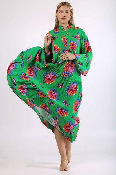 Chiccy Πράσινο φόρεμα με κουμπιά υφαντό oversize μανίκι Paisley με ολόσωμο γιακά
