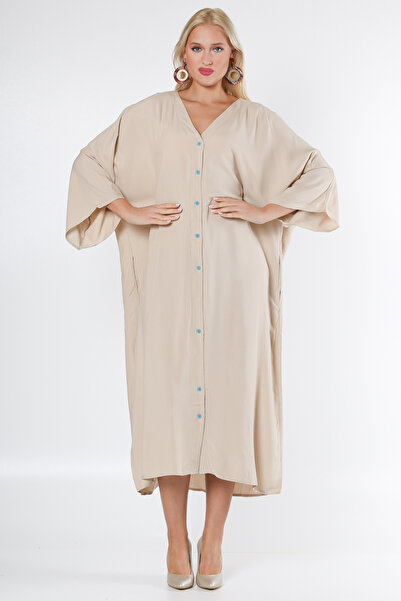 Chiccy Beige V-neck Bat Sleeve Printed Buttoned Oversize Woven Dress