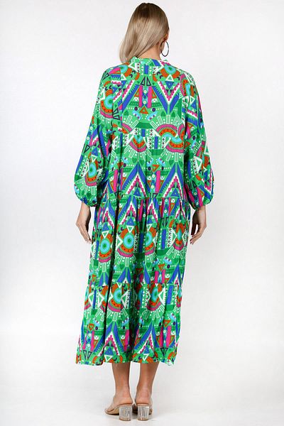 Chiccy Green Ruffle Collar Balloon Sleeve Geometric Patterned Allover Printed Wide Cut Woven Dress