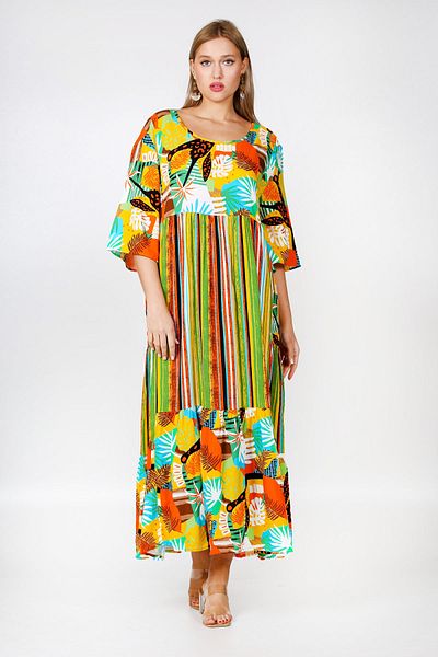 Chiccy Rochie țesută cu croială largă, cu model, cu mâneci 3/4, verde, cu decolteu rotund