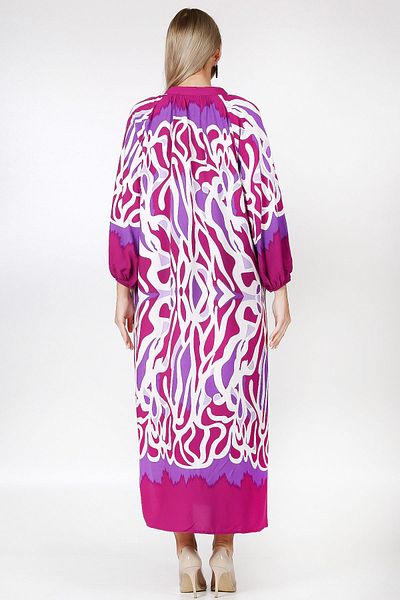 Chiccy Purple Bottom Collar Balloon Sleeve Patterned Buttoned Allover Printed Wide Cut Woven Dress