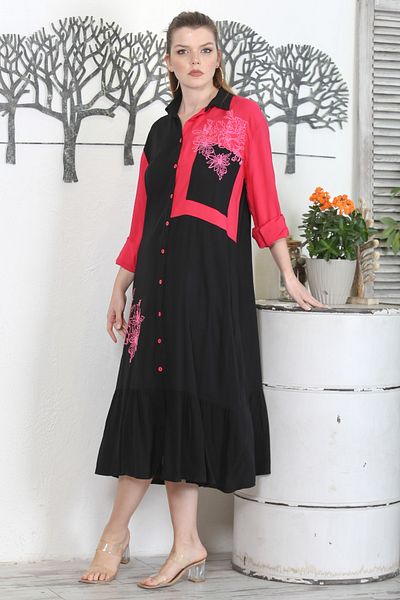 Chiccy Verde-fucsia Guler cămașă fustă cu mânecă lungă cu nasturi Brodat cu volane Rochie țesută casual