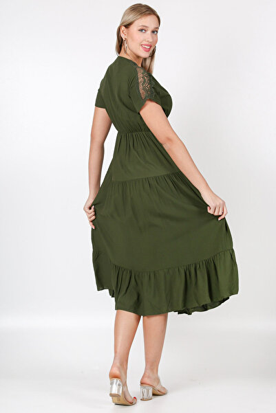 Chiccy Khaki V-Neck Short Sleeve Embroidered Woven Dress