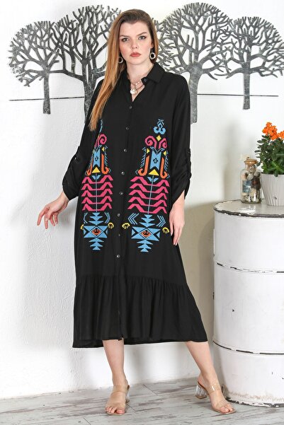 Chiccy Μαύρο πουκάμισο με γιακά με κουμπιά μακρυμάνικη φούστα με βολάν κεντημένο casual υφαντό φόρεμα