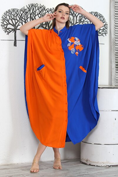 Chiccy Помаранчево-синя вишивка Oversize ткане плаття - Hakim комір, 3/4 рукав, Fleto кишеня