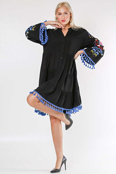 Chiccy Black High Collar Buttoned Embroidered Woven Dress with Tassels on Sleeves and Hem