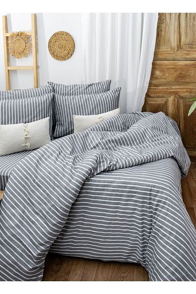 CAQQA Natural Anthracite Striped - Single Children's and Teenagers' Duvet Cover Set, Cotton Elastic