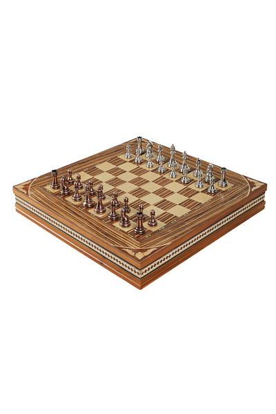 e-life shop Luxury Metal Chess Set Chrome Plated Bronze Set & Custom Embroidered Handmade Storage Chest Set of 2