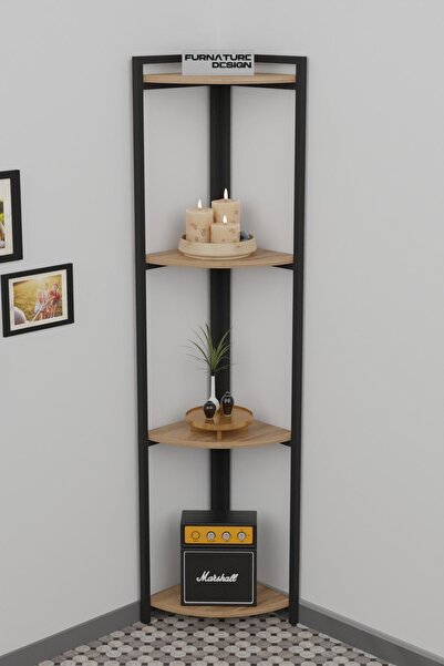 FurnatureDesign Metal Köşe Raf 4 Katlı Dekoratif Üçgen Raf Atlantik Çam