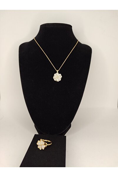 Romea Dönen Yonca Stres Çarklı Çelik Kolye-Yüzük Seti Altın Rengi