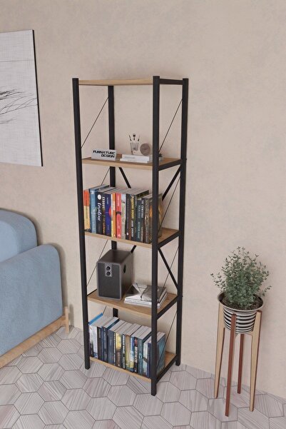 CMKStore 5 Dar Raflı Metal Kitaplık Dekoratif Çok Amaçlı Raf - Atlantik Çam