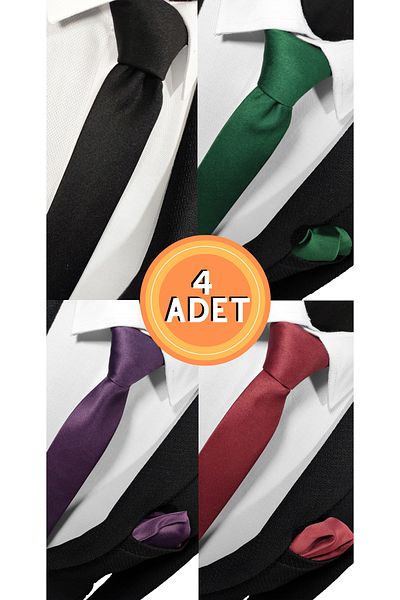 BLC Basic Line Co. 4-Piece Advantage - Extra Thin 4cm Black Green Plum Claret Red Tie and Handkerchief Set