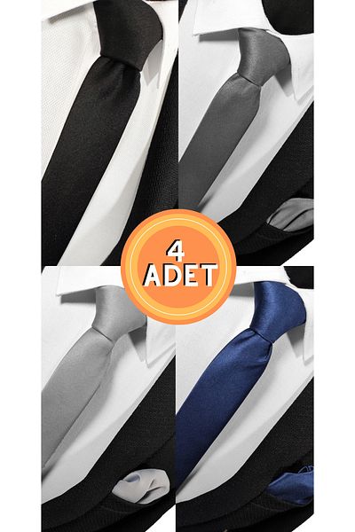BLC Basic Line Co. 4-Piece Advantage - Black Smoke, Silver Gray and Navy Blue Tie and Handkerchief Set, Extra Thin 4cm