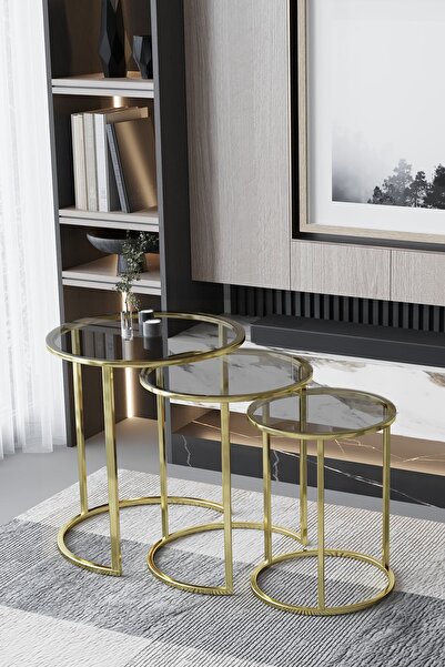 FAYMEND C Zigon Sehpa Gold Metal - Şeffaf Füme Cam