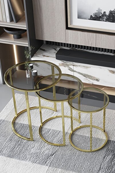 FAYMEND C Zigon Sehpa Gold Metal - Şeffaf Füme Cam