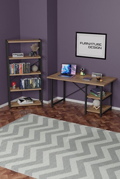 FurnatureDesign Dekoratif Metal Kitaplık 5 Raflı + 60x120 cm Ofis Ders Çalışm...