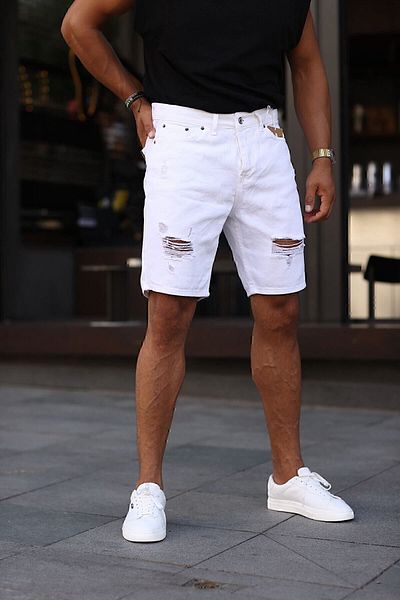 NO61 Boyfriend Άνετο Μοντέλο Λευκό Σκισμένο Μοντέλο Τζιν Κάπρι Σορτς