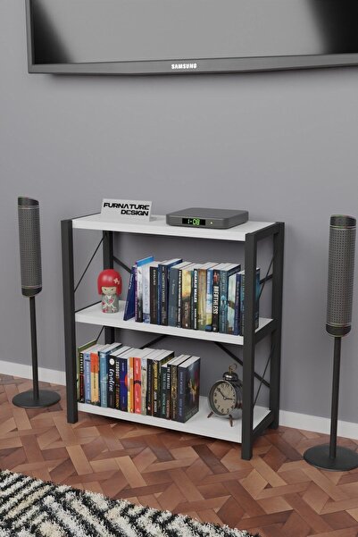 CMKStore Metal Kitaplık 3 Raflı Dekoratif Kitaplık TV Ünitesi Raf Beyaz