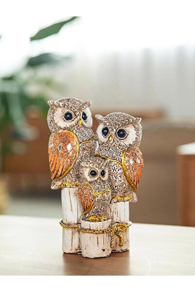 e-life shop Lüks İşlemeli Taşlı Aynalı 3’lü Aile Baykuş Biblo Heykel Ev Ofis Yeni Yıl Hediyesi Dekor Vitrin Süsü