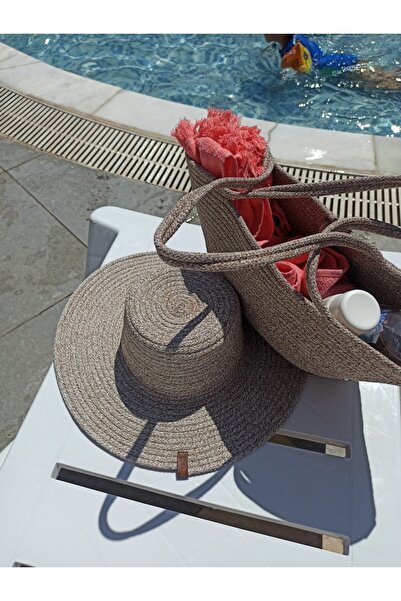 KAAN HOME Kaan Home - Σετ τσάντας και καπέλου παραλίας και πισίνας σε κρεμ χρώμα, διακοσμητικό τσαντάκι και καπέλο πολλαπλών χρήσεων που πλένεται