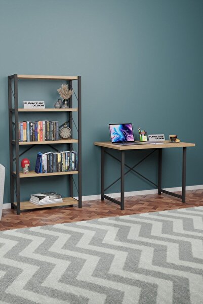 CMKStore Dekoratif Metal Kitaplık 5 Raflı + 60x90 cm Çalışma Masası - Atlantik Çam