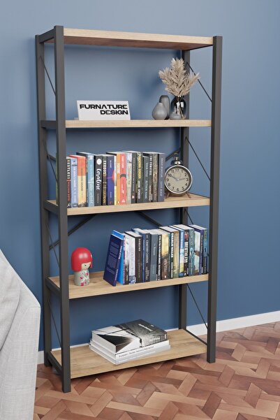CMKStore Metal Kitaplık 5 Raflı Dekoratif Kitaplık Atlantik Çam