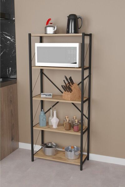 CMKStore Metal Mutfak Rafı 5 Raflı Dekoratif Malzeme Dolabı Mikrodalga Fırın Rafı Atlantik Çam