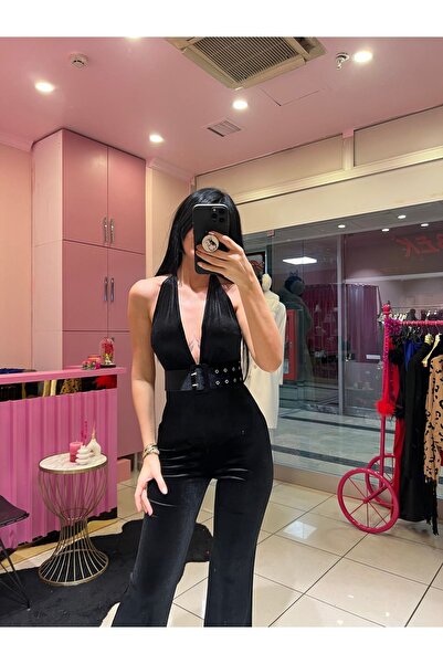 GamzeButik SİYAH FRANSIZ KADİFE TULUM