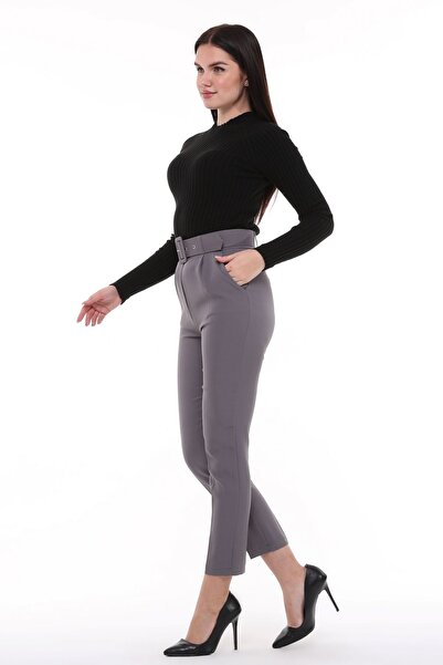 CEDY DENIM Cedy Women's Gray High Waist Woven Trousers - Pleated Ankle Length, C3008