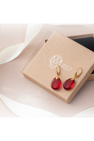 Amber by Mazukna Kırmızı Damla Kesim Kehribar Küpe, 925 Gümüş Altın Kaplama Kilit, Genç, Yetişkin, Sertifikalı