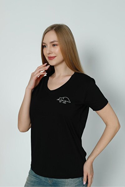 Hukateks Siyah  Baskı Detaylı Kısa Kollu %100 Pamuk T Shirt