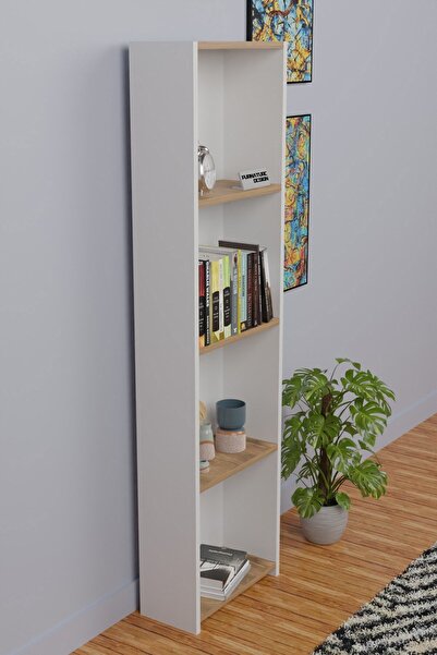 CMKStore 5 Raflı Kitaplık Arkalıklı Dar Raf Kütüphane 170 cm Beyaz - Atlantik Çam