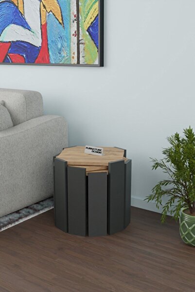 CMKStore Sekizgen Üçlü Zigon Sehpa Seti Sunta Yan Sehpa Atlantik Çam - Antrasit