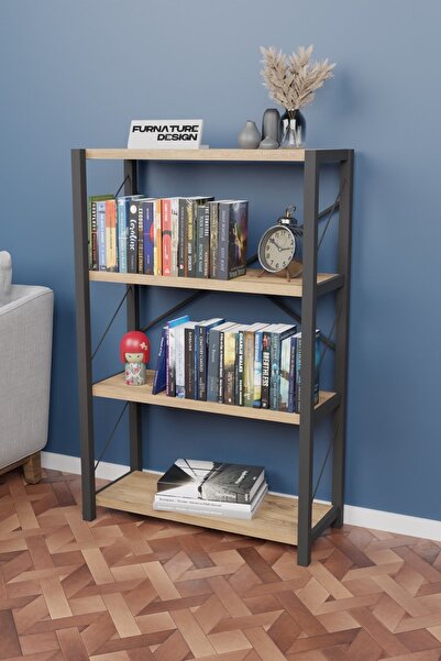 CMKStore Metal Kitaplık 4 Raflı Dekoratif Kitaplık Raf - Atlantik Çam