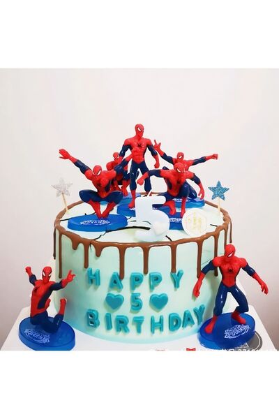 e-life shop Spiderman Örümcek Adam Aksiyon Karakter Stantlı 7’li Figür Koleksiyon & Oyuncak Seti Pasta Süsü 10cm