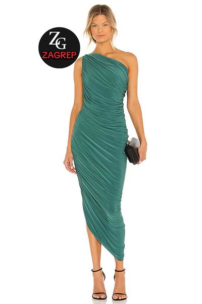 Zagrep Γυναικείο φόρεμα Emerald Green Draped Gathered One Shoulder Φόρεμα με φερμουάρ με επένδυση που δεν δείχνει εσωτερικά Midi φόρεμα