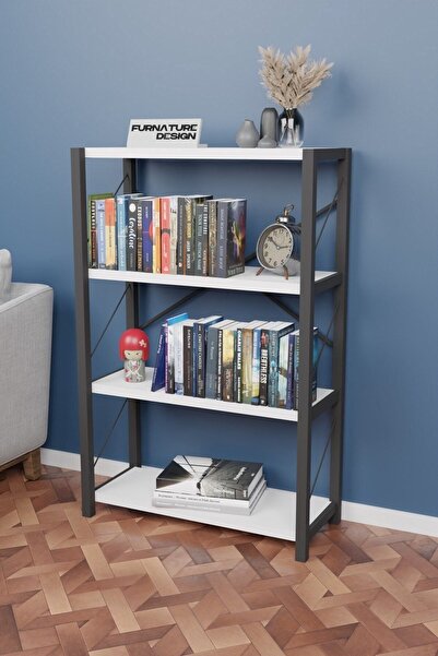 FurnatureDesign Metal Kitaplık 4 Raflı Dekoratif Kitaplık Raf Beyaz