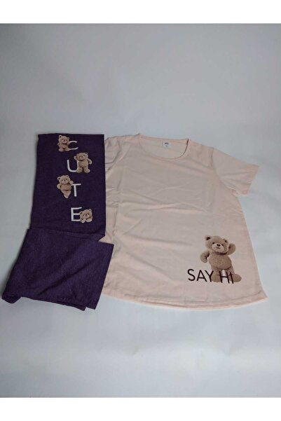 New Pajamas طقم بيجامة نسائية بنمط السلمون البرقوق - كم قصير، رقبة دائرية، تن...