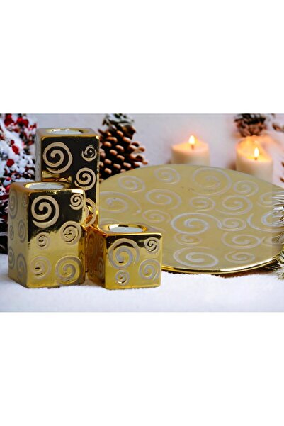 e-life shop Lüks Porselen 3lü Tealight Mumluk Şamdan Biblo Heykel Hediyelik D...