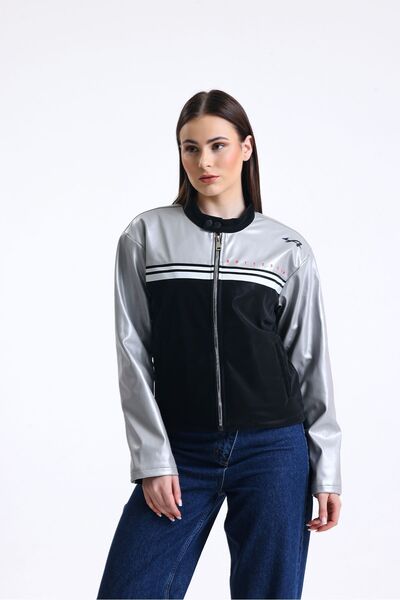 Black Level Жіноча шкіряна куртка з принтом, застібкою-блискавкою та смужкою, коміром-стійкою, кнопками та мотоциклетним коміром, сіра