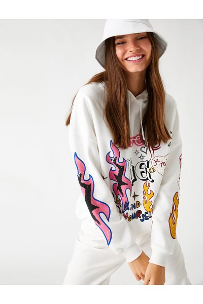 Koton Printed Sweatshirt Hooded With Fleece Inside