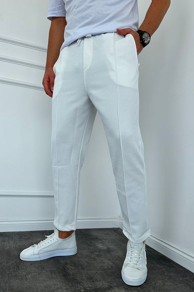 MADZEYMODA New Season White Jogger Pants - Ανδρικό, Boyfriend Fit, Grass Detailed