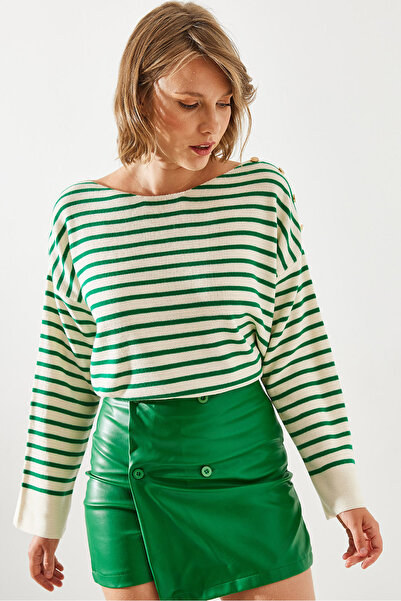 Bianco Lucci Striped Shoulder Buttoned Women's Sweater - 20247511