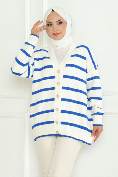 Bestenur Ecru Striped Knitwear Cardigan - 1124 Model